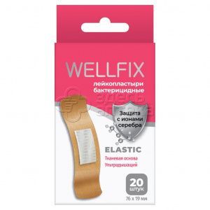 Лейкопластырь Wellfix Elastic бактерицидный с ионами серебра на ткан осн 76х19мм №20 